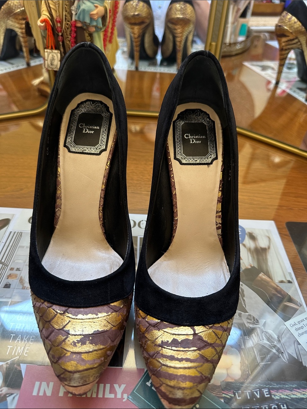 Dior Black Suede Pumps with Gold and Brown Patterned Toe EUC